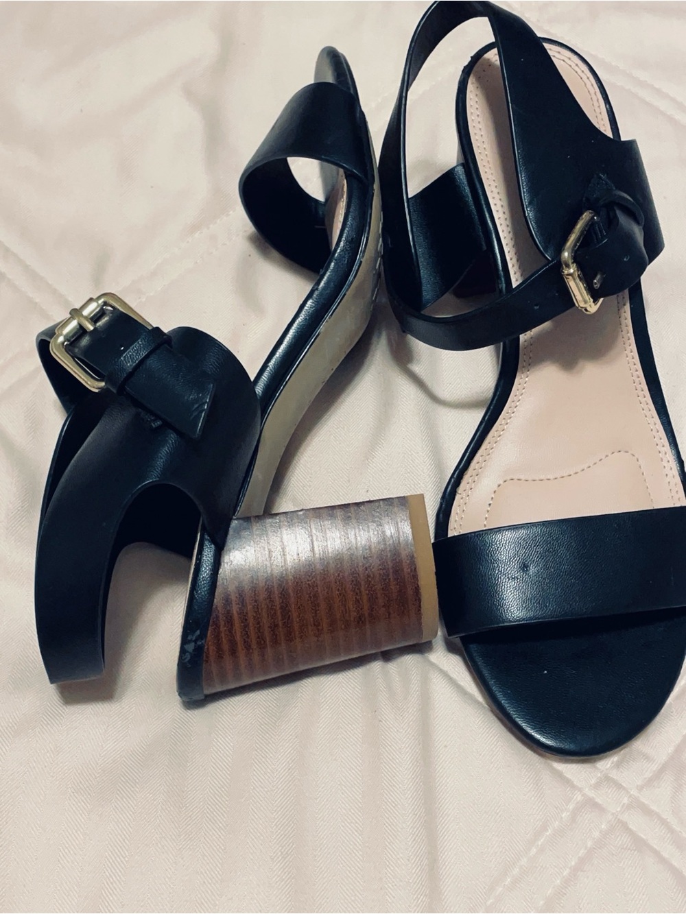 Black Leather Block Heel Sandals with Buckle Strap